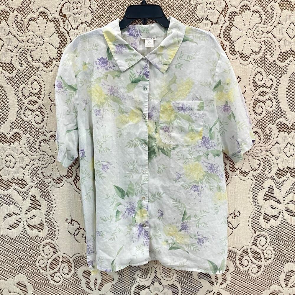 90s Vintage White Floral Hawaiian 100% Linen Machine Washable Button Up Shirt